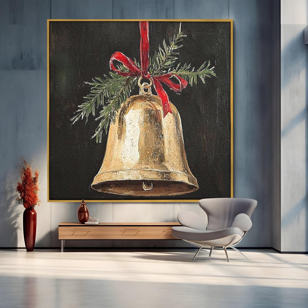 Tablou canvas cu tablou patrat cu clopotel auriu si brad, in rama de aluminiu auriu